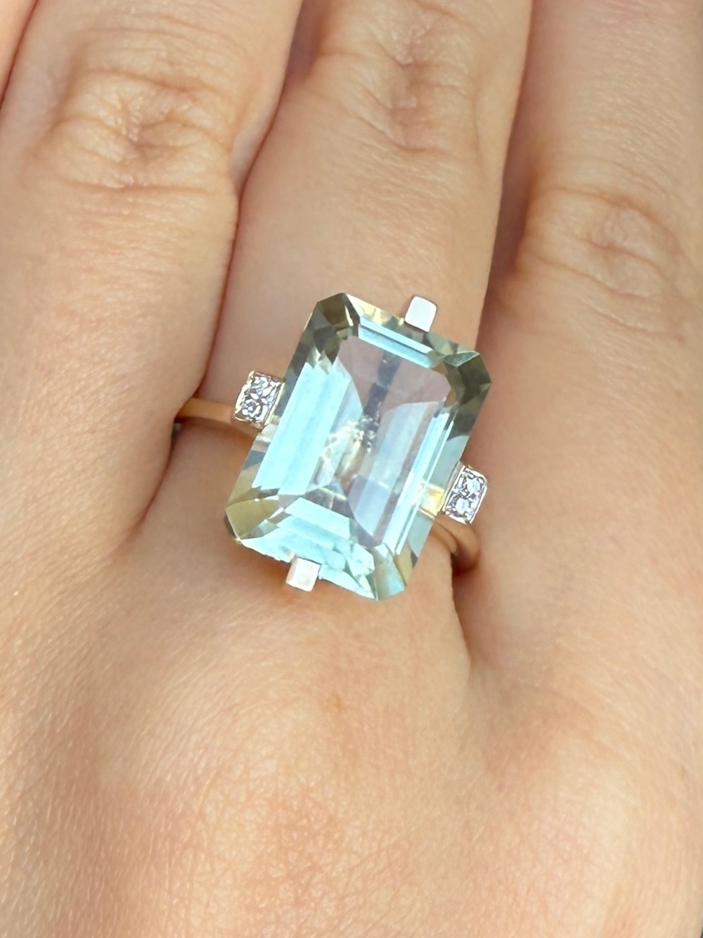 Aquamarine Emerald-Cut Ring with Diamond Accents - Light Blue